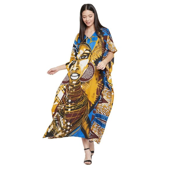 Lady Tribal Printed Caftan Dress Coverup With 3/4 Sleeve for Summer Beach Party - Picture 4 of 8